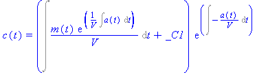 c(t) = (Int(m(t)*exp(1/V*Int(a(t), t))/V, t)+_C1)*exp(Int(-a(t)/V, t))