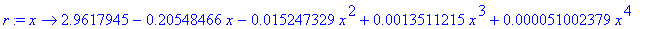 r := x -> 2.9617945-.20548466*x-.15247329e-1*x^2+.13511215e-2*x^3+.51002379e-4*x^4