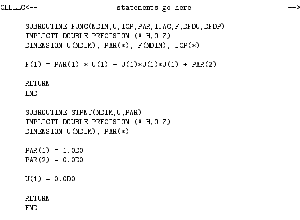 \begin{figure}\begin{small}
\hrule
\begin{verbatim}CLLLLC<-- statements go her...
...0.0D0U(1) = 0.0D0RETURN
END\end{verbatim}
\hrule
\end{small}
\end{figure}